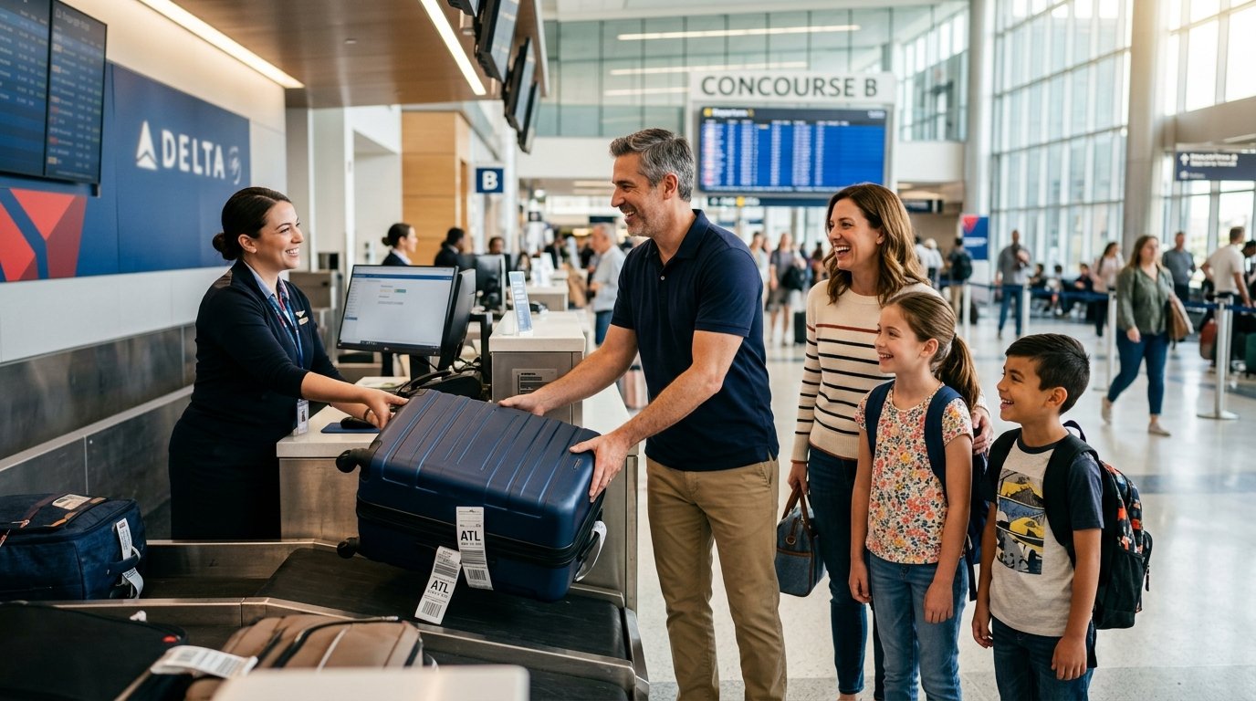 Family at airport baggage drop after US airlines raised checked bag fees April 2026 – credit cards waive fees completely