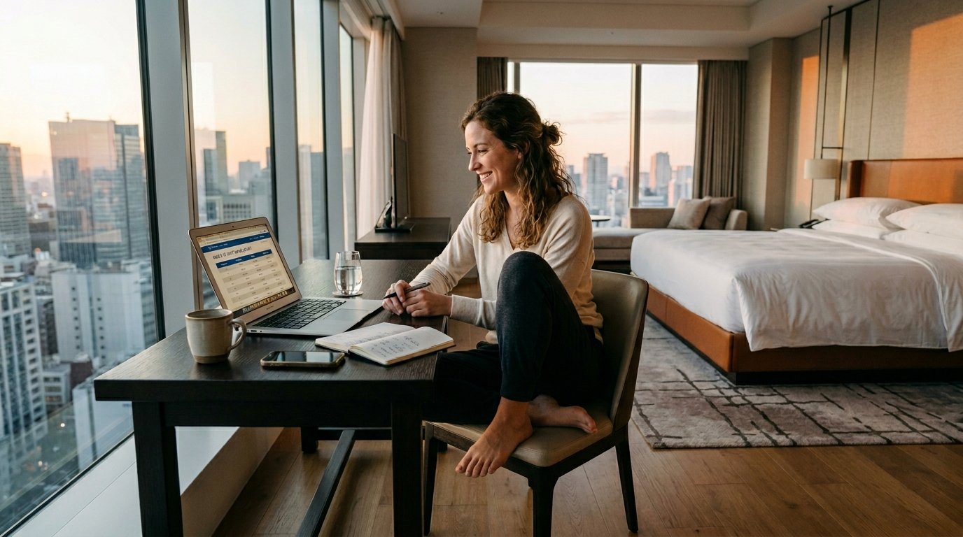 Traveler reviewing World of Hyatt new 5-tier award chart May 2026 in luxury Andaz suite